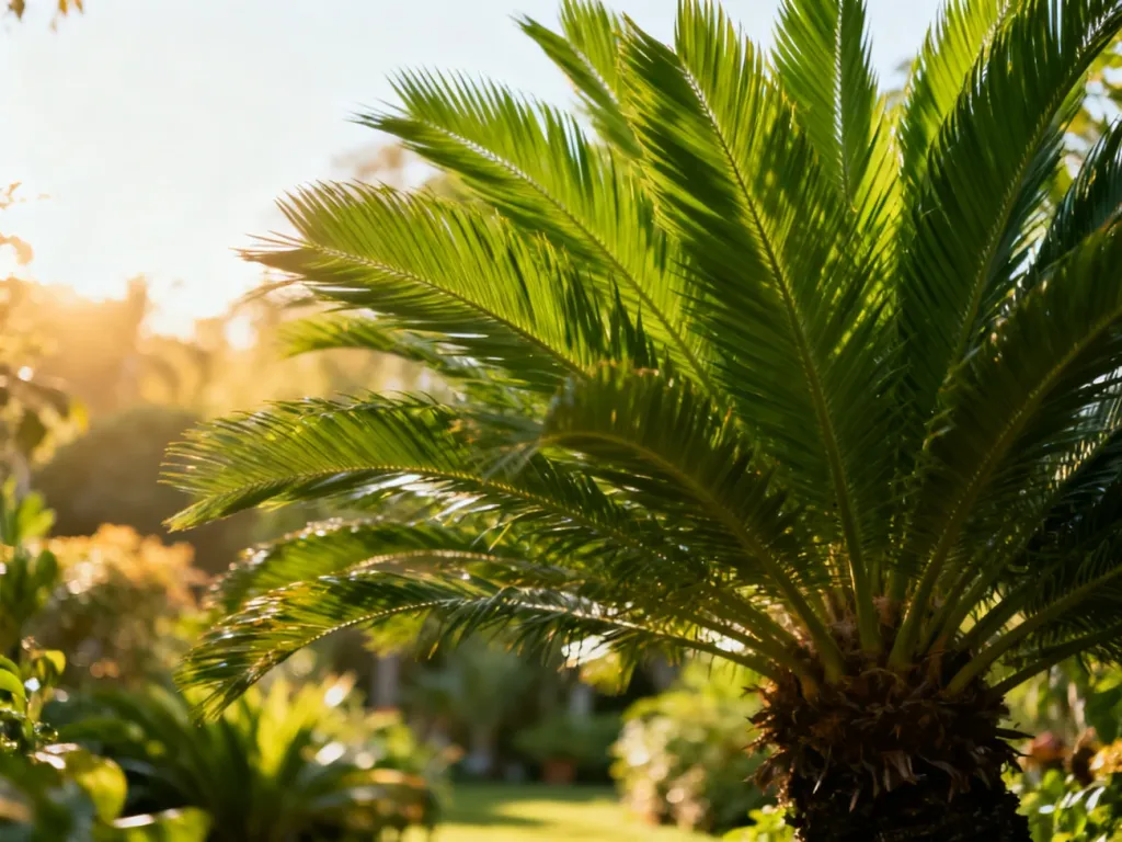 Zbliżenie na soczyście zielony liść palmy z widocznymi detalami, na tle rozmytego ogrodu botanicznego w świetle zachodzącego słońca.